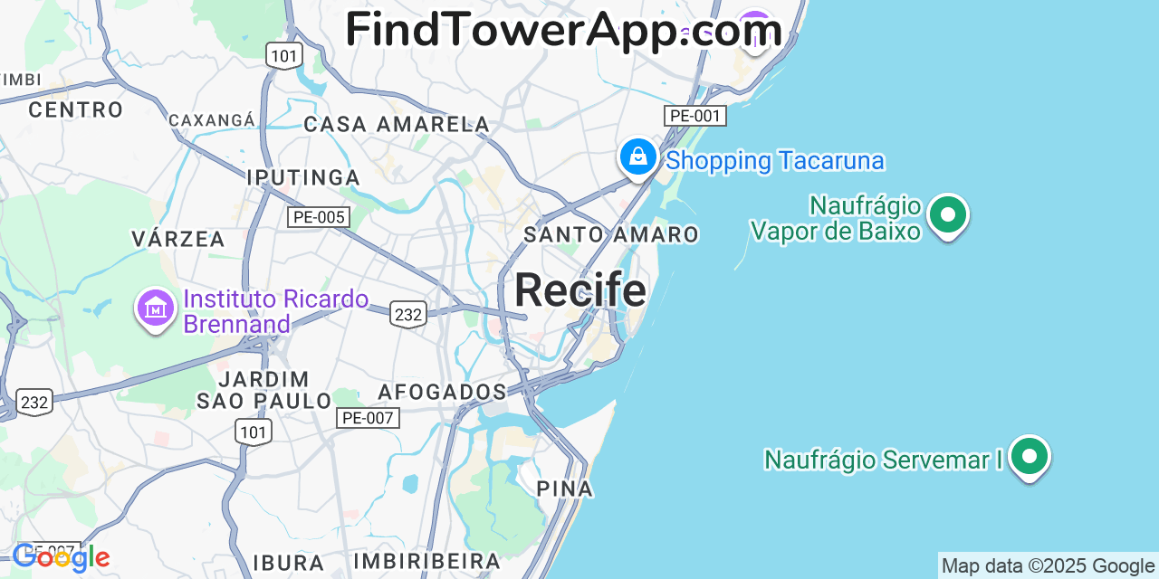 Map showing the 0 primary Claro cell tower locations detected in Recife, Brazil with coverage radius and signal strength indicators