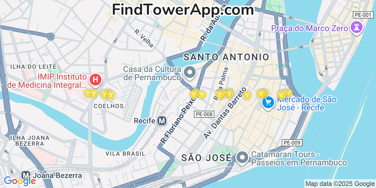 Map showing the 20 primary cell tower locations detected in Recife, Brazil with coverage areas and signal strength