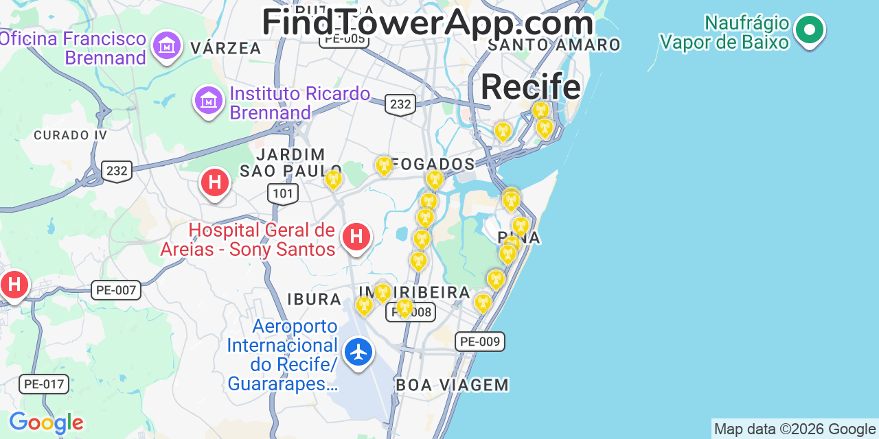 Map showing the 21 primary NII Holdings cell tower locations in Recife, Brazil