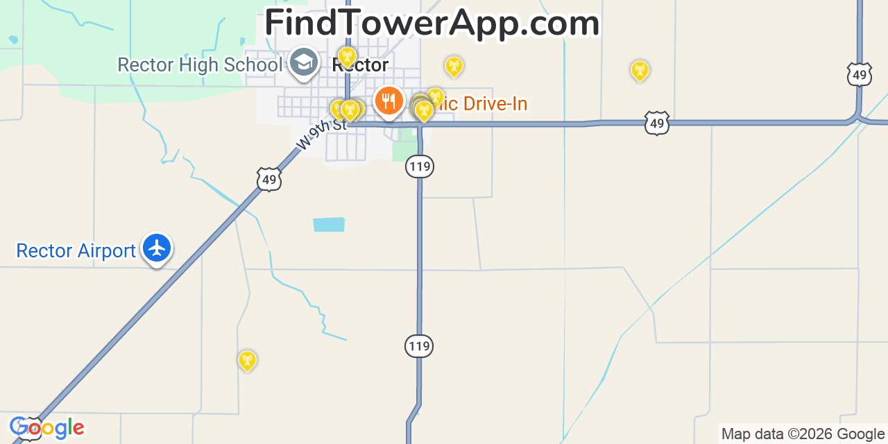 Map showing the 20 primary cell tower locations detected in Rector, Arkansas from AT&T, Verizon, and T-Mobile networks