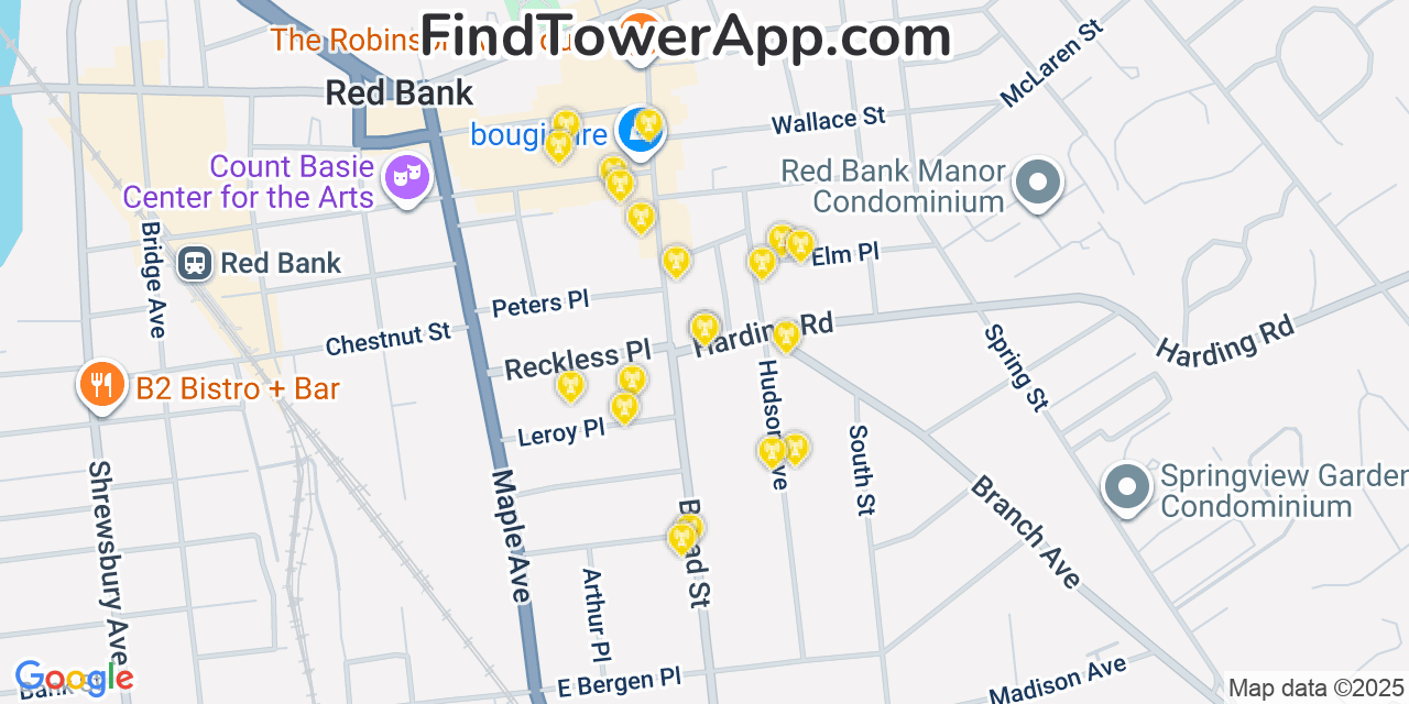 Map showing the 20 primary cell tower locations detected in Red Bank, New Jersey from AT&T, Verizon, and T-Mobile networks