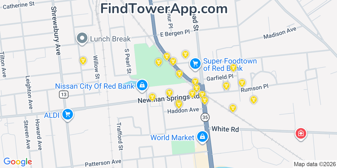 Map showing the 20 primary cell tower locations detected in Red Bank, New Jersey from AT&T, Verizon, and T-Mobile networks