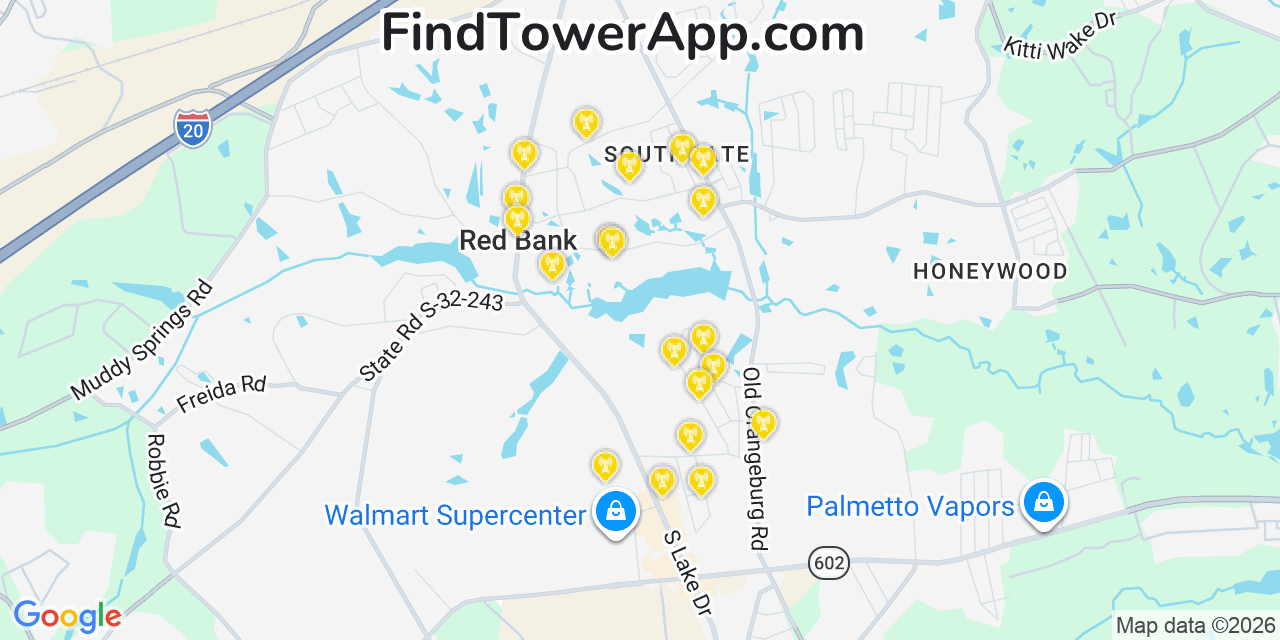 Map showing the 20 primary cell tower locations detected in Red Bank, South Carolina from AT&T, Verizon, and T-Mobile networks