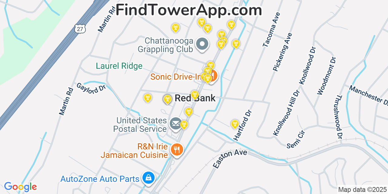 Map showing the 20 primary cell tower locations detected in Red Bank, Tennessee from AT&T, Verizon, and T-Mobile networks