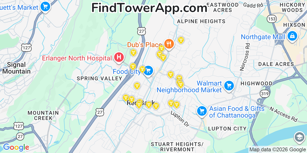 Map showing the 20 primary cell tower locations detected in Red Bank, Tennessee from AT&T, Verizon, and T-Mobile networks