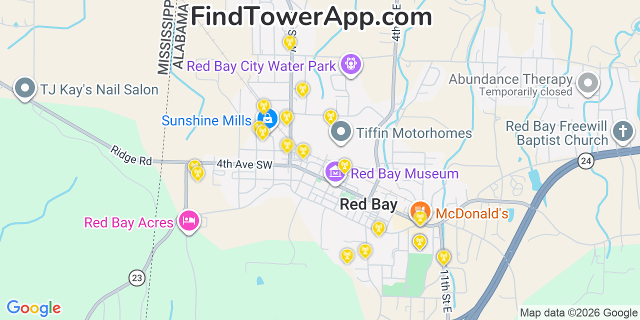 Map showing the 20 primary cell tower locations detected in Red Bay, Alabama from AT&T, Verizon, and T-Mobile networks