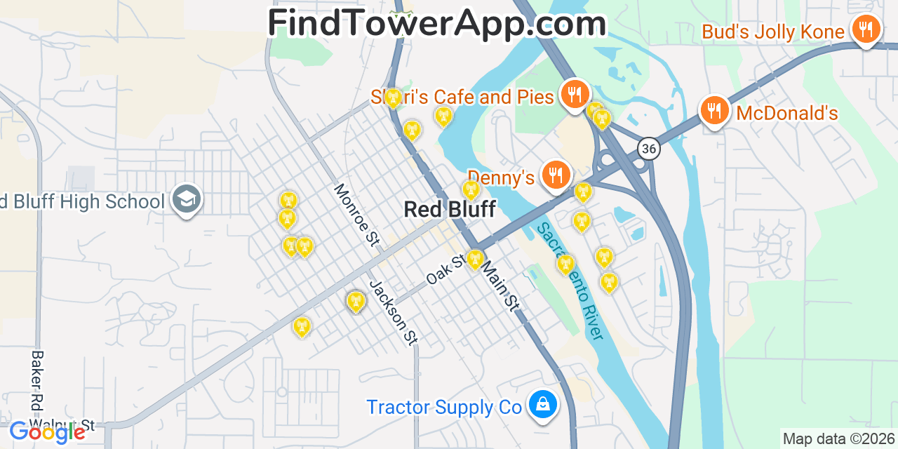 Map showing the 20 primary cell tower locations detected in Red Bluff, California from AT&T, Verizon, and T-Mobile networks