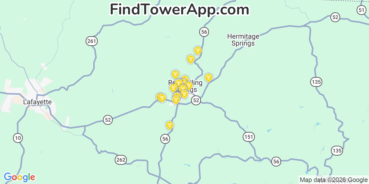Map showing the 20 primary cell tower locations detected in Red Boiling Springs, Tennessee from AT&T, Verizon, and T-Mobile networks