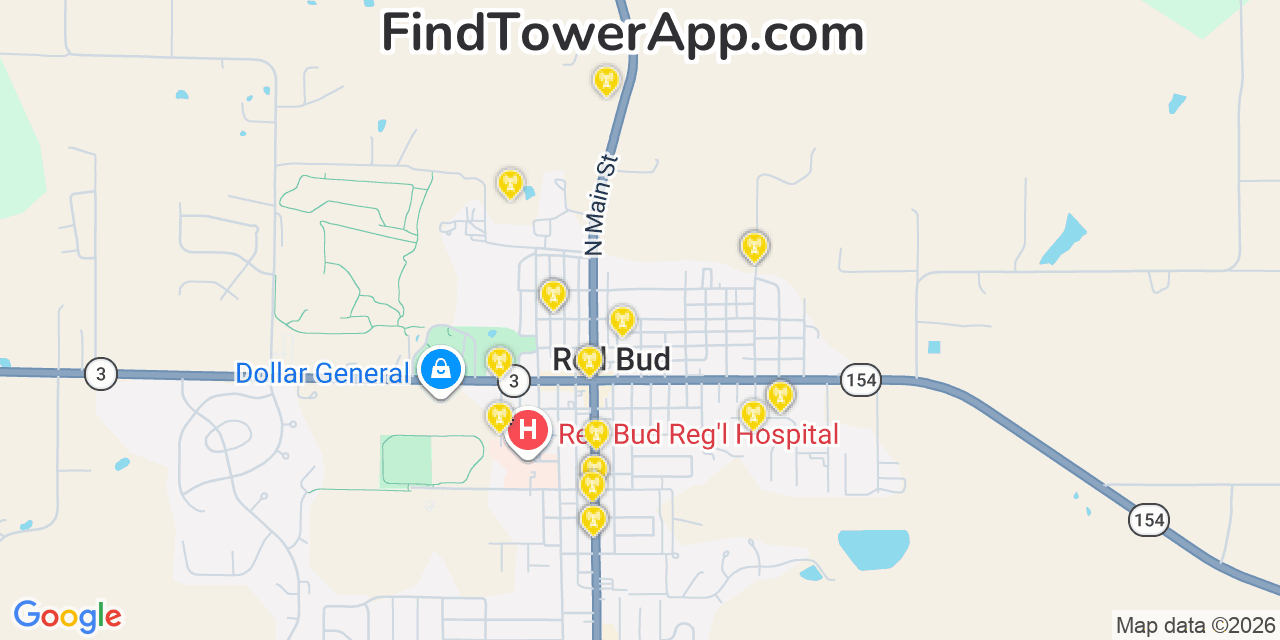 Map showing the 20 primary cell tower locations detected in Red Bud, Illinois from AT&T, Verizon, and T-Mobile networks