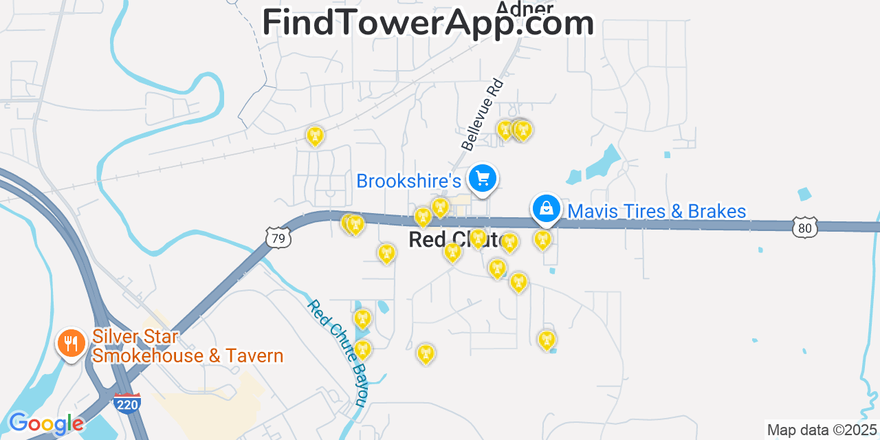 Map showing the 20 primary cell tower locations detected in Red Chute, Louisiana from AT&T, Verizon, and T-Mobile networks