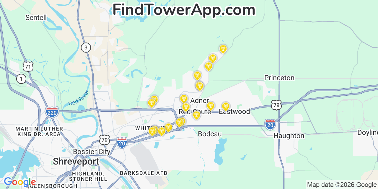 Map showing the 20 primary cell tower locations detected in Red Chute, Louisiana from AT&T, Verizon, and T-Mobile networks