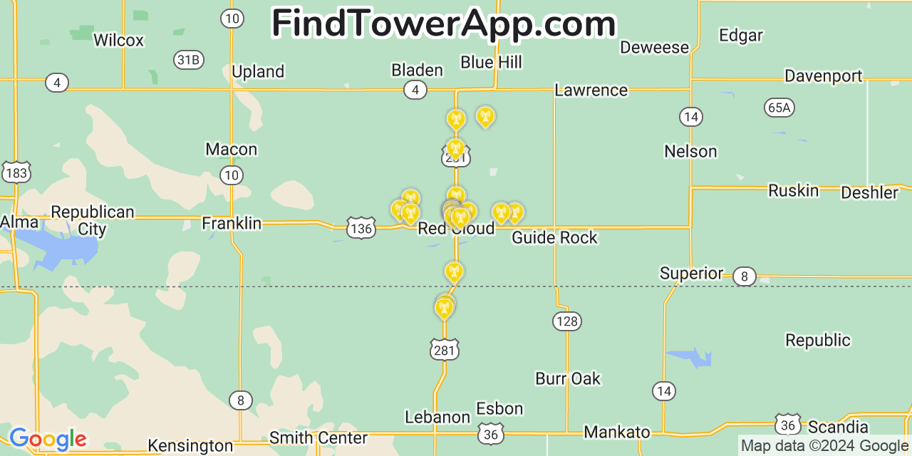 AT&T 4G/5G cell tower coverage map Red Cloud, Nebraska