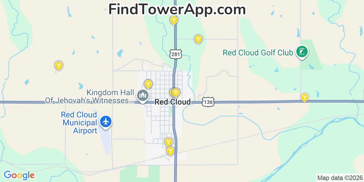 Map showing the 20 primary cell tower locations detected in Red Cloud, Nebraska from AT&T, Verizon, and T-Mobile networks