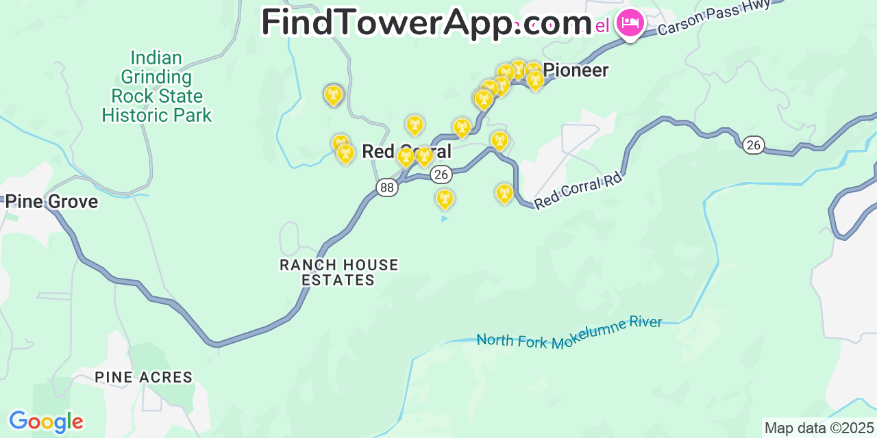 Map showing the 20 primary cell tower locations detected in Red Corral, California from AT&T, Verizon, and T-Mobile networks