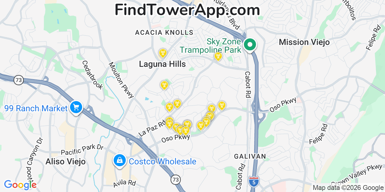Map showing the 20 primary cell tower locations detected in Red Corral, California from AT&T, Verizon, and T-Mobile networks