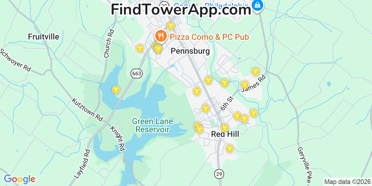 Map showing the 20 primary cell tower locations detected in Red Hill, Pennsylvania from AT&T, Verizon, and T-Mobile networks