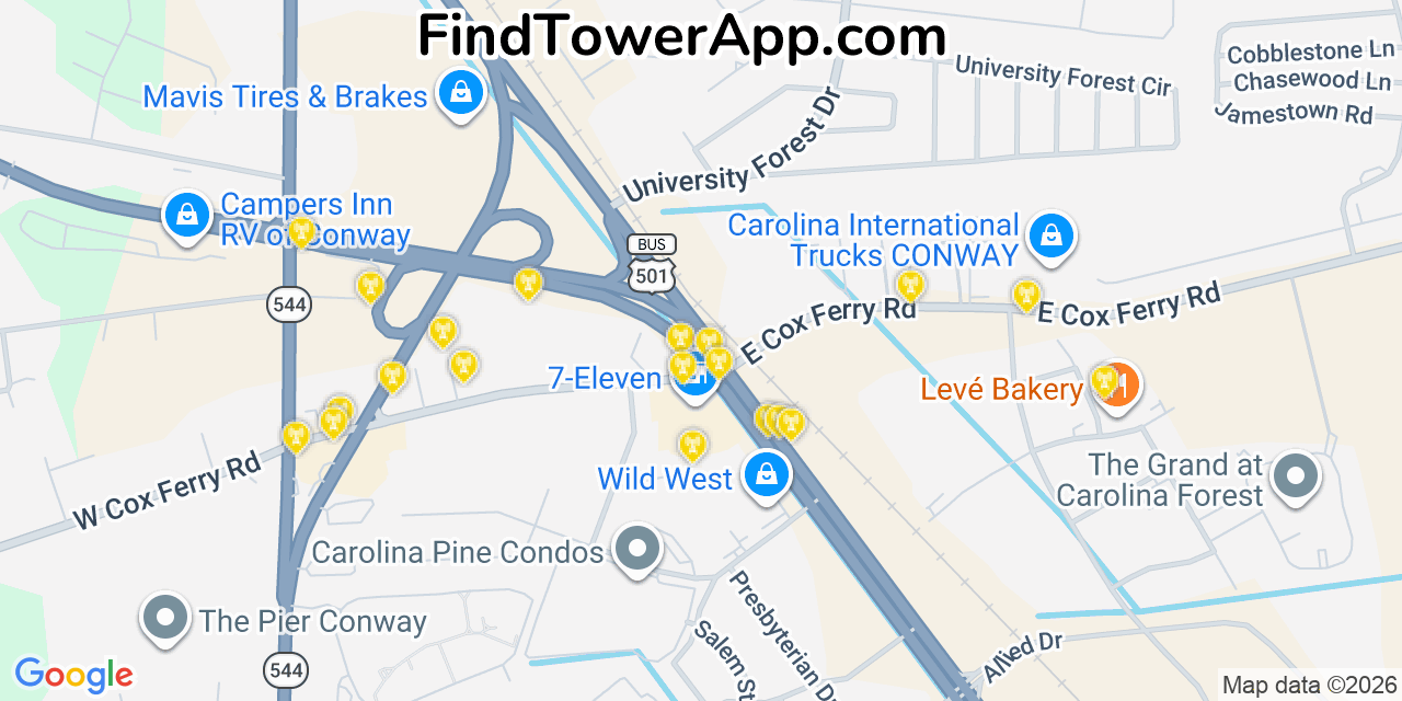 Map showing the 20 primary cell tower locations detected in Red Hill, South Carolina from AT&T, Verizon, and T-Mobile networks