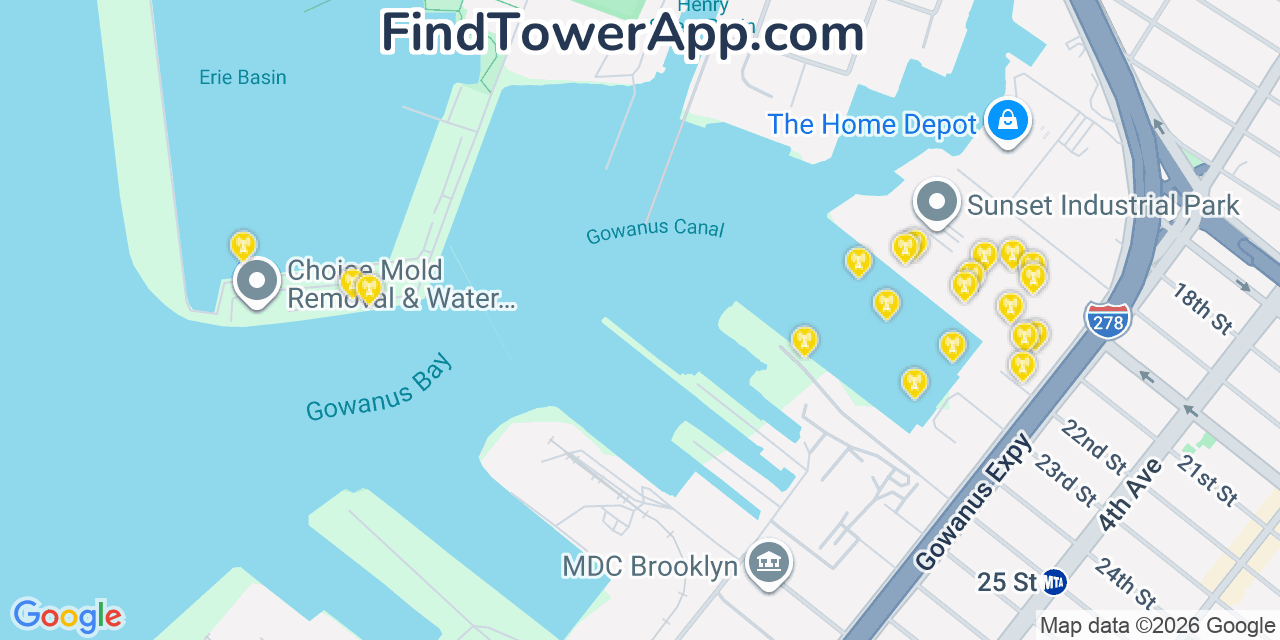 Map showing the 20 primary cell tower locations detected in Red Hook, New York from AT&T, Verizon, and T-Mobile networks