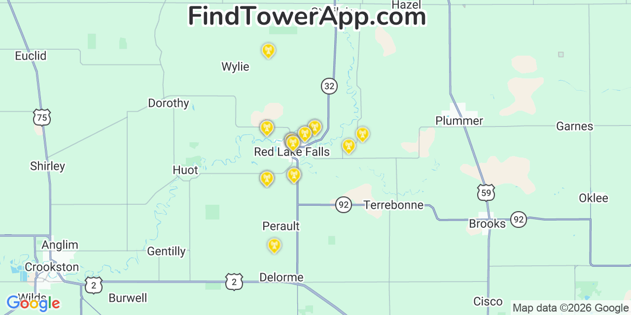 Map showing the 20 primary cell tower locations detected in Red Lake Falls, Minnesota from AT&T, Verizon, and T-Mobile networks