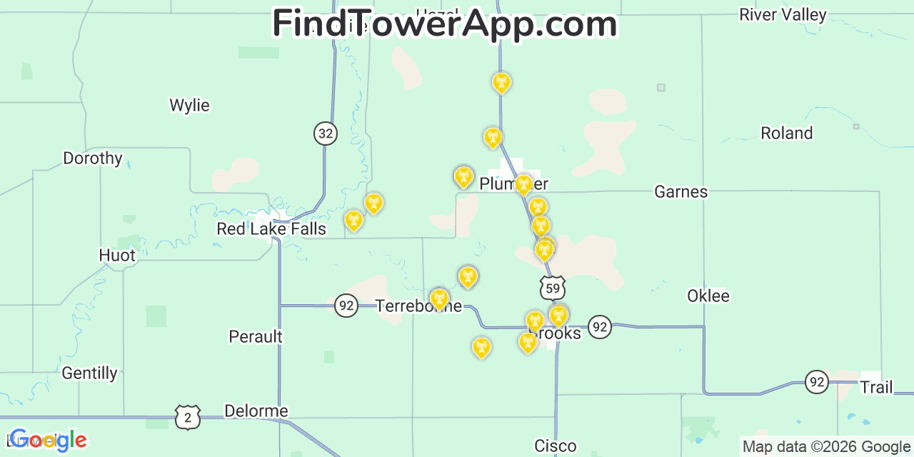Map showing the 20 primary cell tower locations detected in Red Lake, Minnesota from AT&T, Verizon, and T-Mobile networks