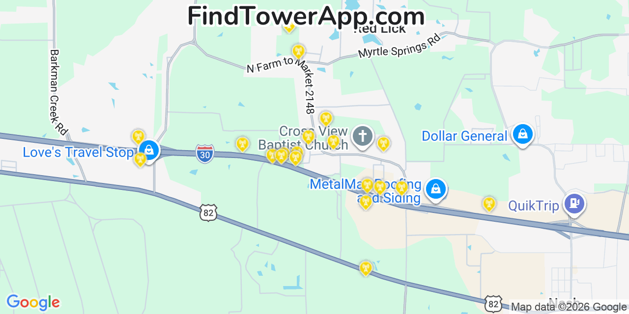 Map showing the 20 primary cell tower locations detected in Red Lick, Texas from AT&T, Verizon, and T-Mobile networks