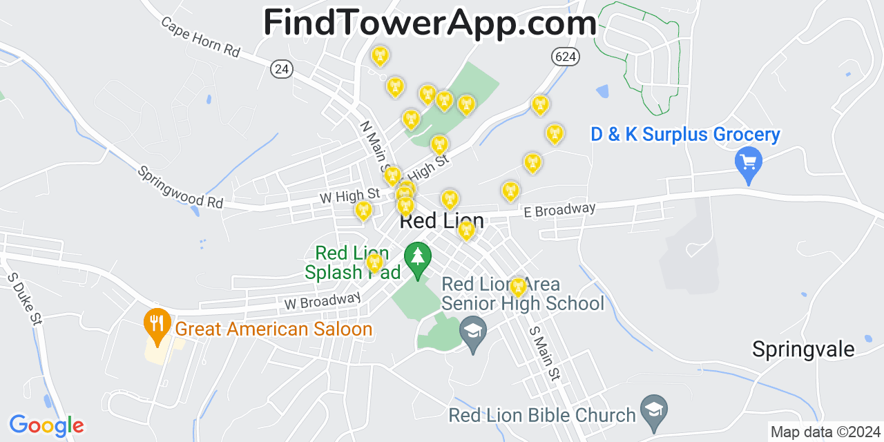 AT&T 4G/5G cell tower coverage map Red Lion, Pennsylvania