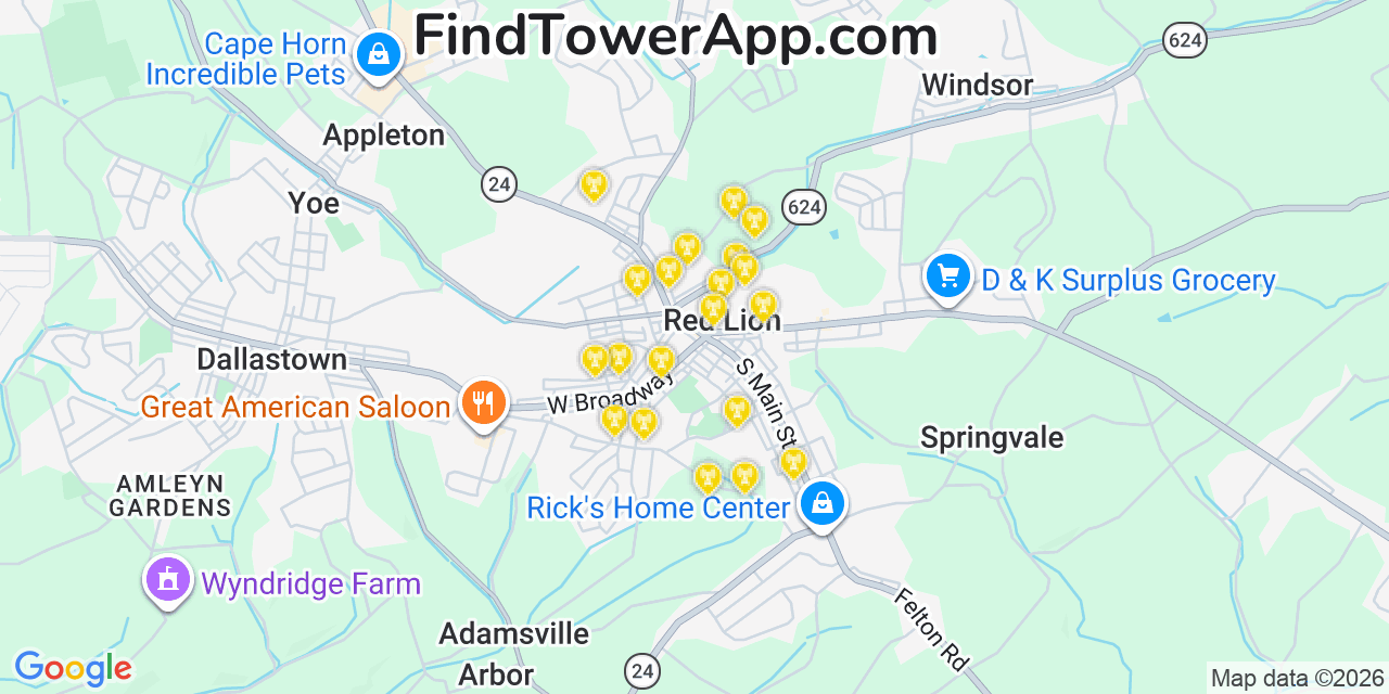 Map showing the 20 primary cell tower locations detected in Red Lion, Pennsylvania from AT&T, Verizon, and T-Mobile networks