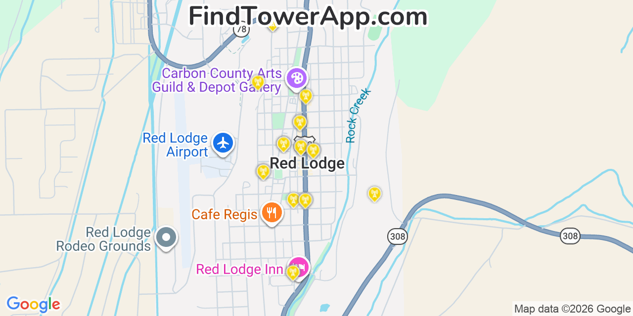 Map showing the 20 primary cell tower locations detected in Red Lodge, Montana from AT&T, Verizon, and T-Mobile networks