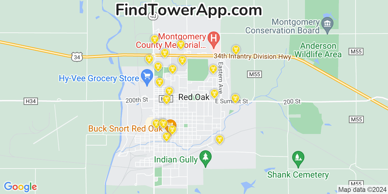 AT&T 4G/5G cell tower coverage map Red Oak, Iowa