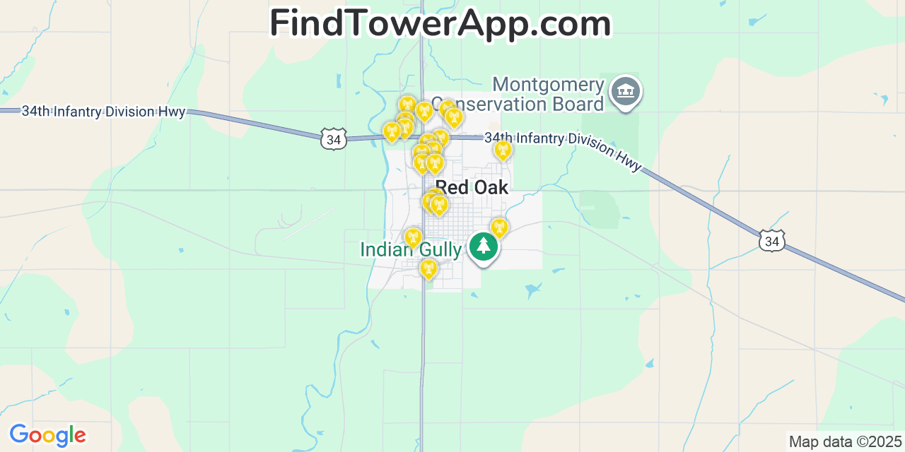 Map showing the 20 primary cell tower locations detected in Red Oak, Iowa from AT&T, Verizon, and T-Mobile networks