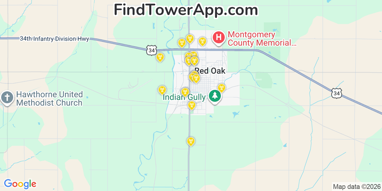 Map showing the 20 primary cell tower locations detected in Red Oak, Iowa from AT&T, Verizon, and T-Mobile networks
