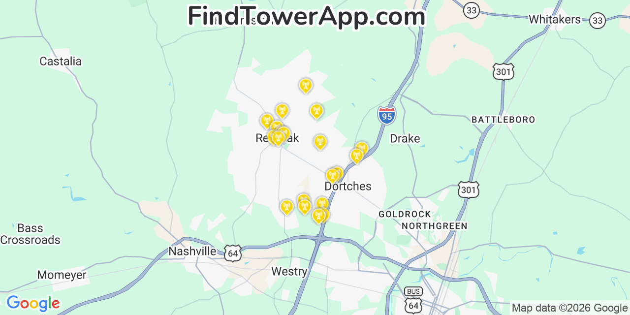 Map showing the 20 primary cell tower locations detected in Red Oak, North Carolina from AT&T, Verizon, and T-Mobile networks