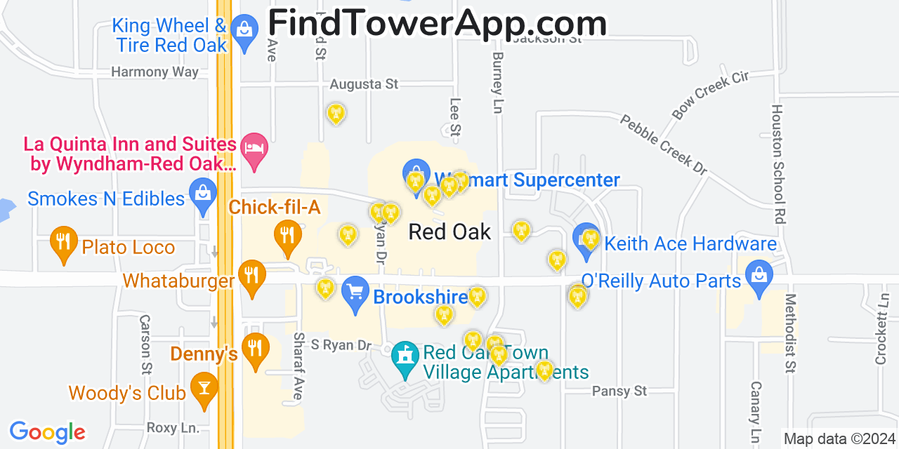 AT&T 4G/5G cell tower coverage map Red Oak, Texas
