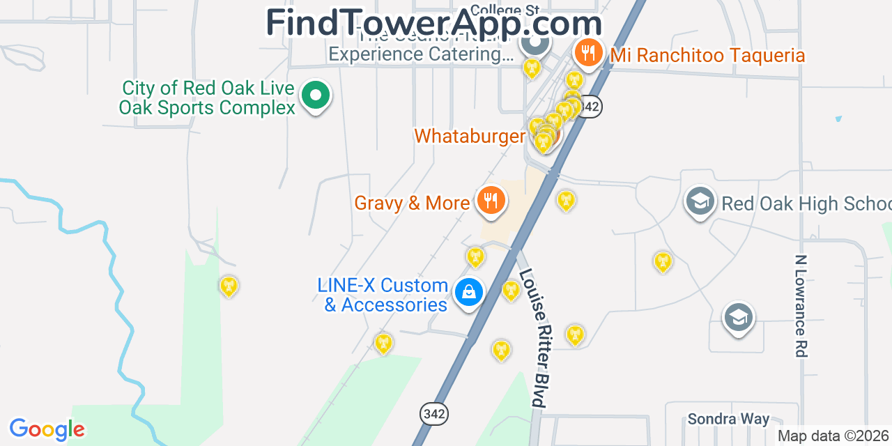 Map showing the 20 primary cell tower locations detected in Red Oak, Texas from AT&T, Verizon, and T-Mobile networks