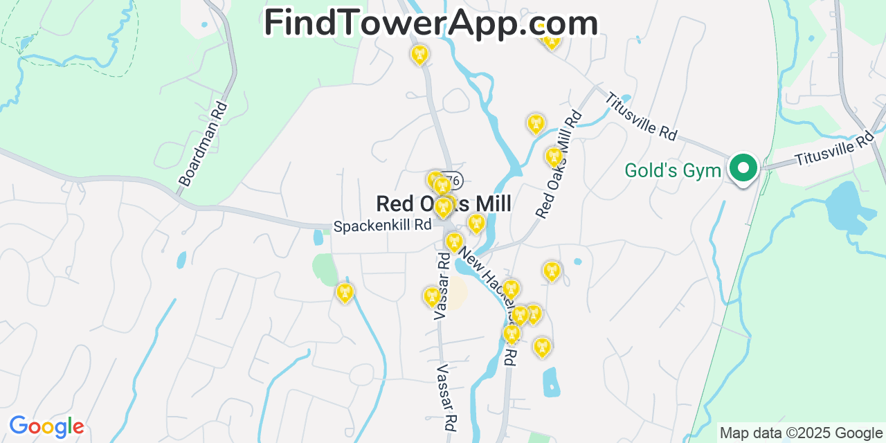 Map showing the 20 primary cell tower locations detected in Red Oaks Mill, New York from AT&T, Verizon, and T-Mobile networks