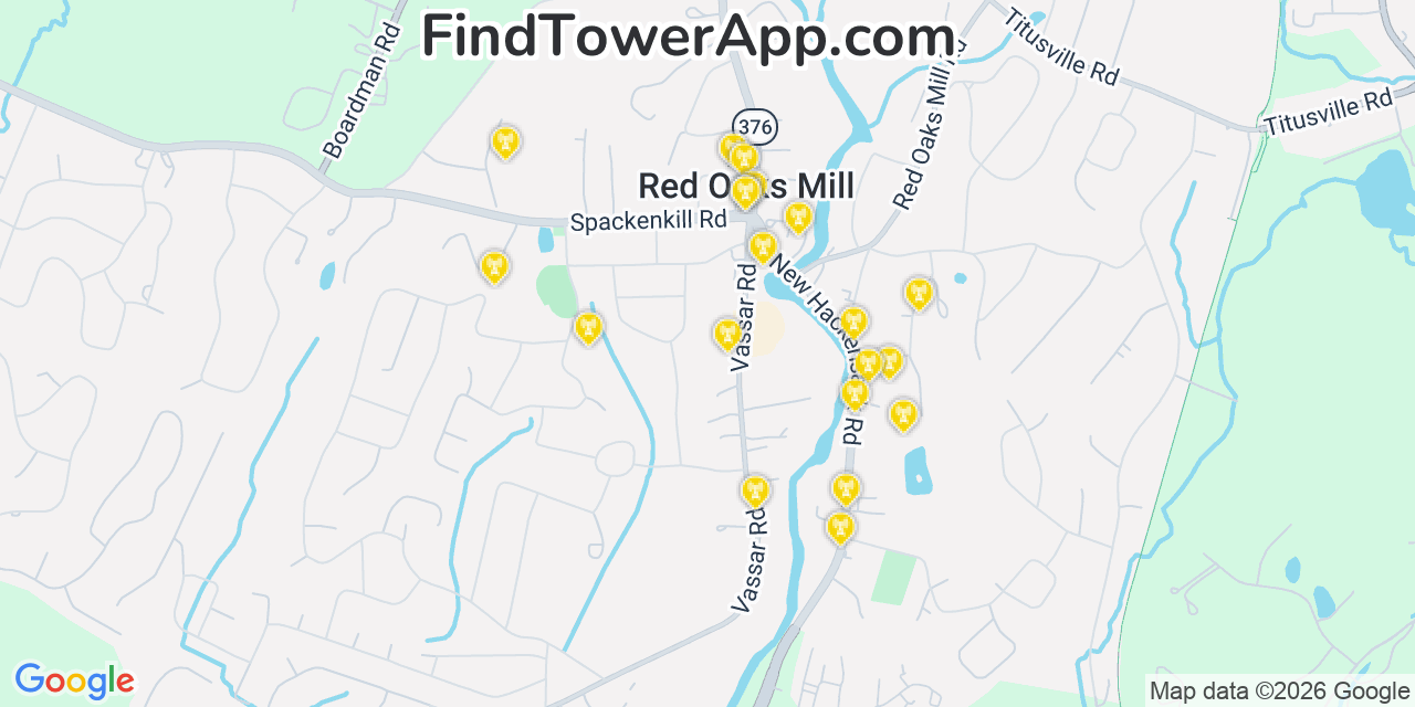 Map showing the 20 primary cell tower locations detected in Red Oaks Mill, New York from AT&T, Verizon, and T-Mobile networks