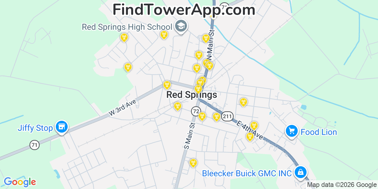 Map showing the 20 primary cell tower locations detected in Red Springs, North Carolina from AT&T, Verizon, and T-Mobile networks