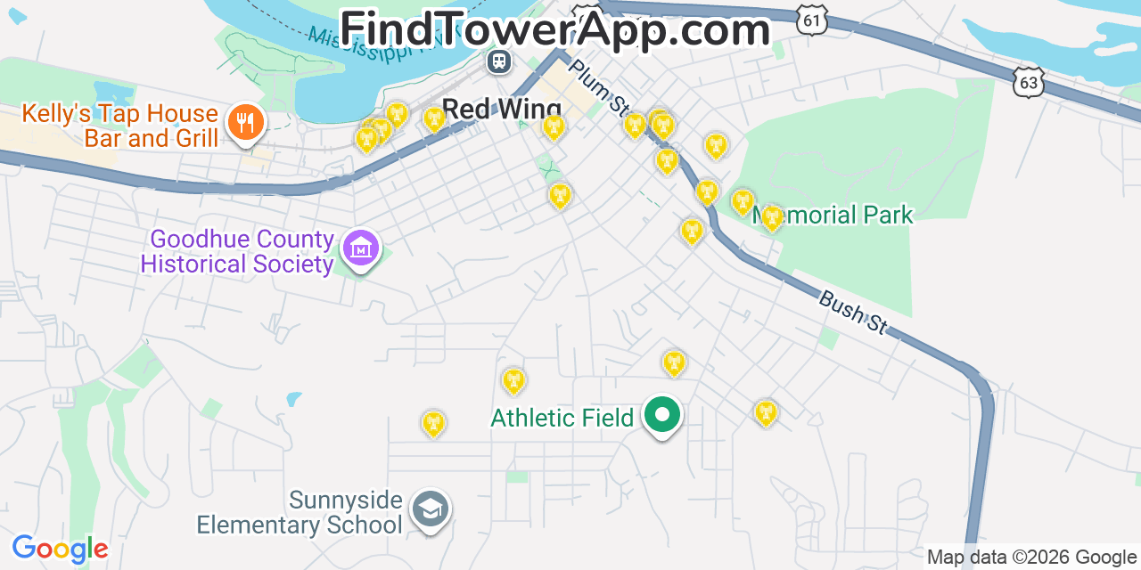 Map showing the 20 primary cell tower locations detected in Red Wing, Minnesota from AT&T, Verizon, and T-Mobile networks
