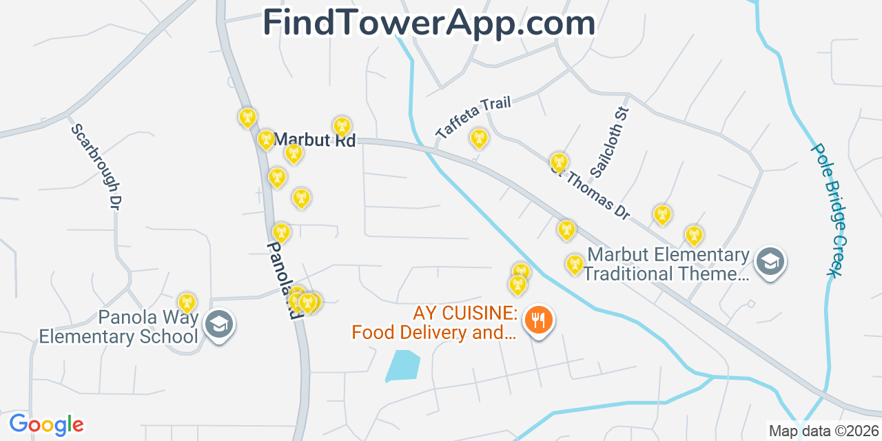 Map showing the 20 primary cell tower locations detected in Redan, Georgia from AT&T, Verizon, and T-Mobile networks