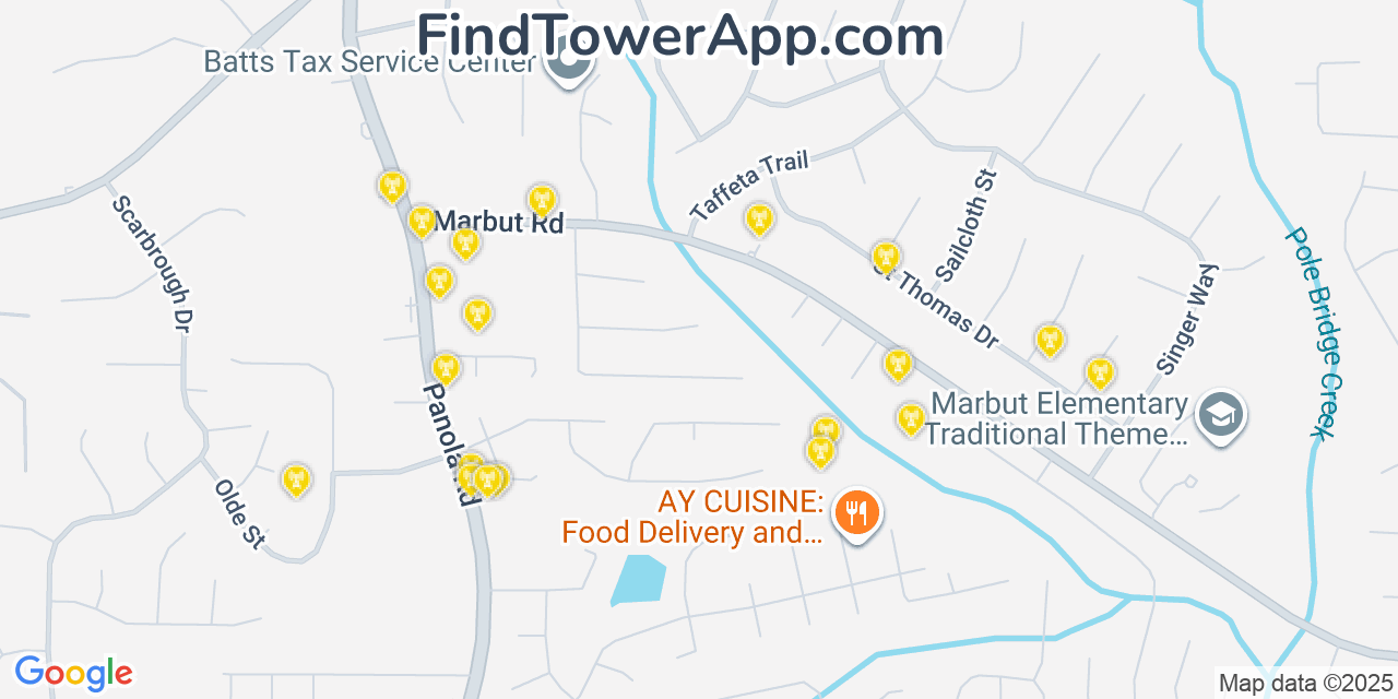 Map showing the 20 primary Mobitel cell tower locations detected in Redan, Georgia with coverage radius and signal strength indicators