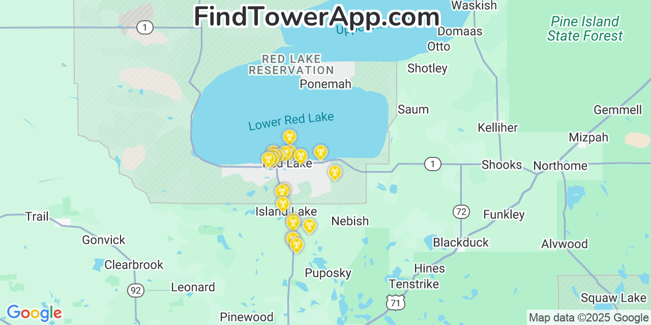 Map showing the 20 primary cell tower locations detected in Redby, Minnesota from AT&T, Verizon, and T-Mobile networks