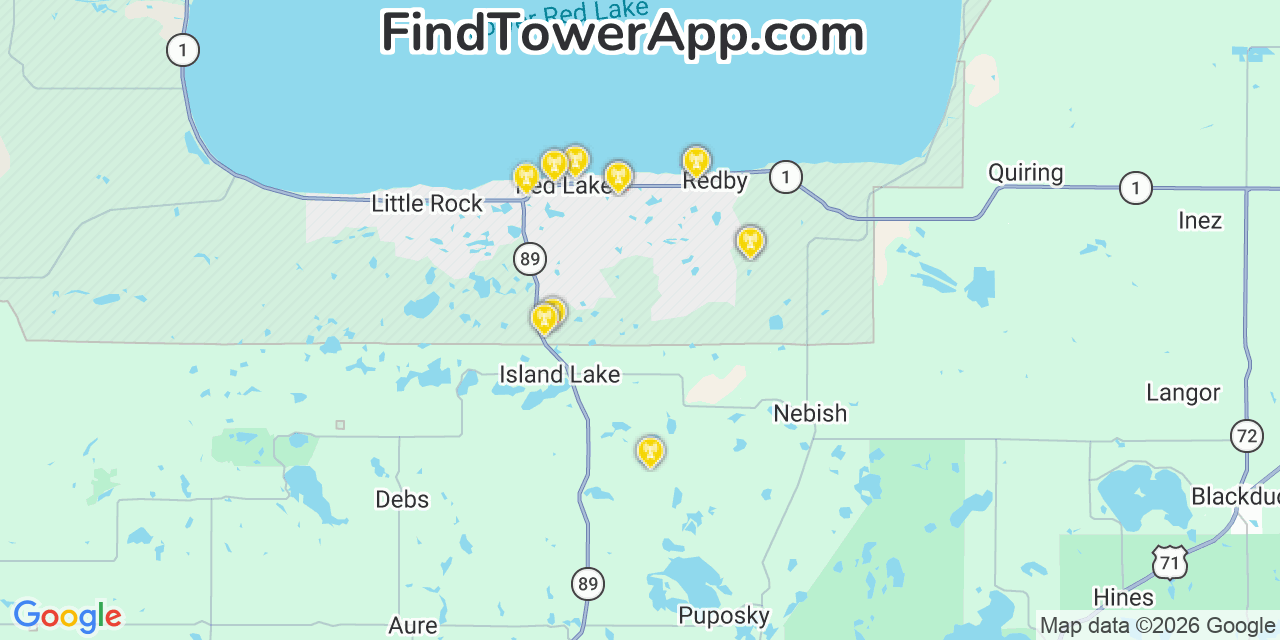 Map showing the 20 primary cell tower locations detected in Redby, Minnesota from AT&T, Verizon, and T-Mobile networks