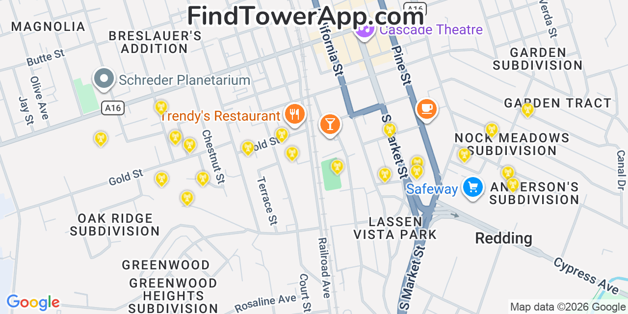 Map showing the 20 primary cell tower locations detected in Redding, California from AT&T, Verizon, and T-Mobile networks