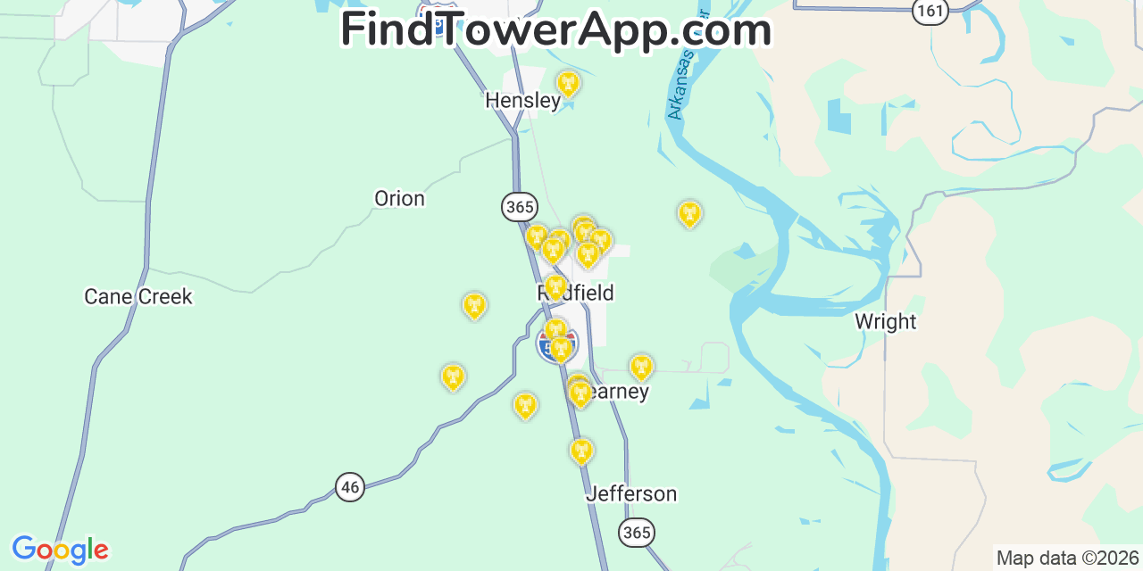 Map showing the 20 primary cell tower locations detected in Redfield, Arkansas from AT&T, Verizon, and T-Mobile networks