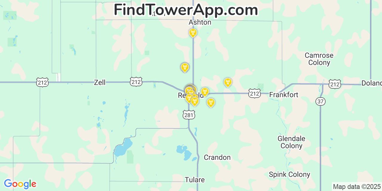 Map showing the 20 primary cell tower locations detected in Redfield, South Dakota from AT&T, Verizon, and T-Mobile networks