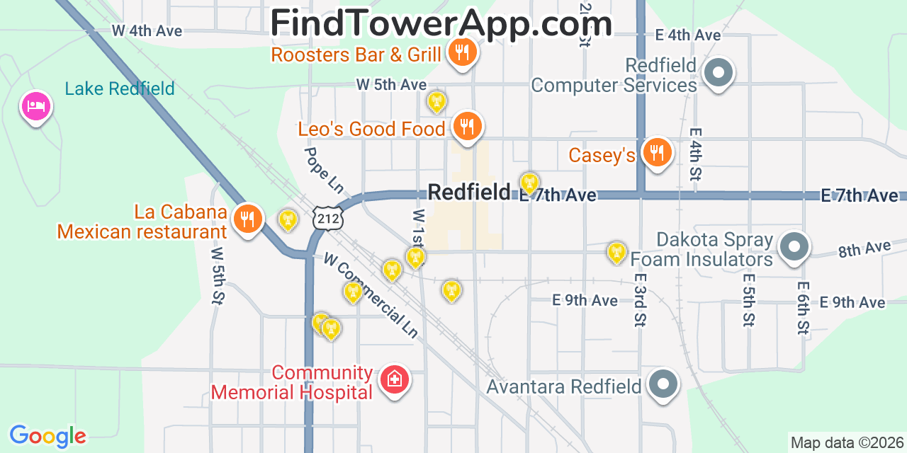 Map showing the 20 primary cell tower locations detected in Redfield, South Dakota from AT&T, Verizon, and T-Mobile networks