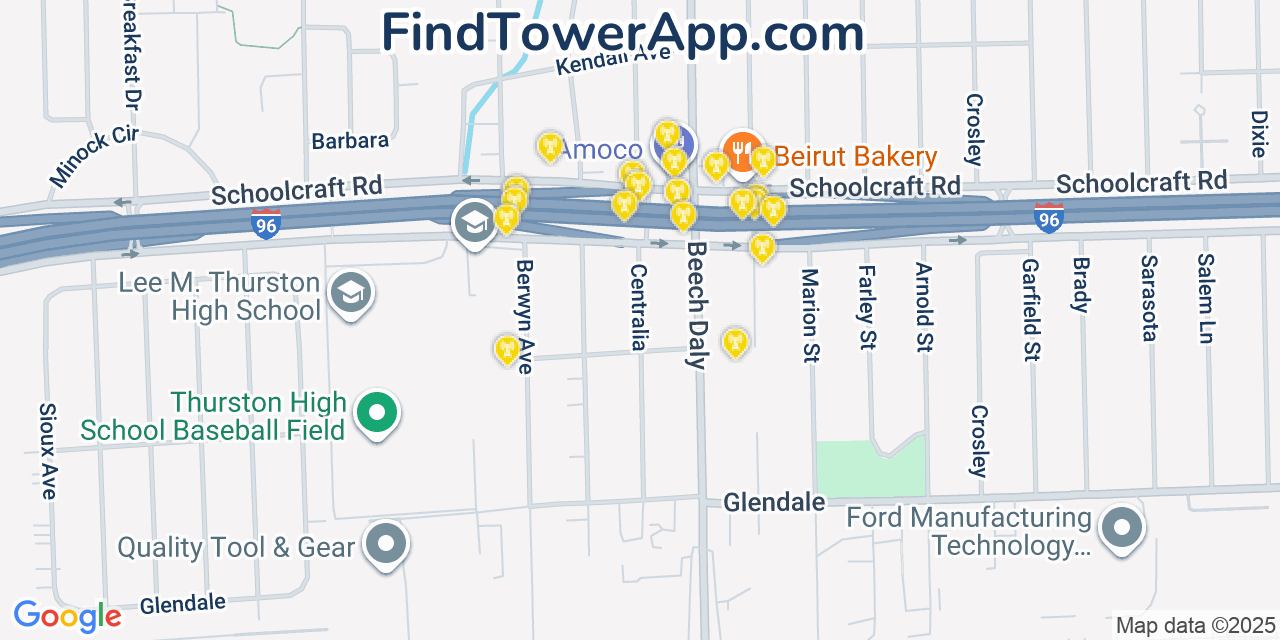 Map showing the 20 primary cell tower locations detected in Redford, Michigan from AT&T, Verizon, and T-Mobile networks