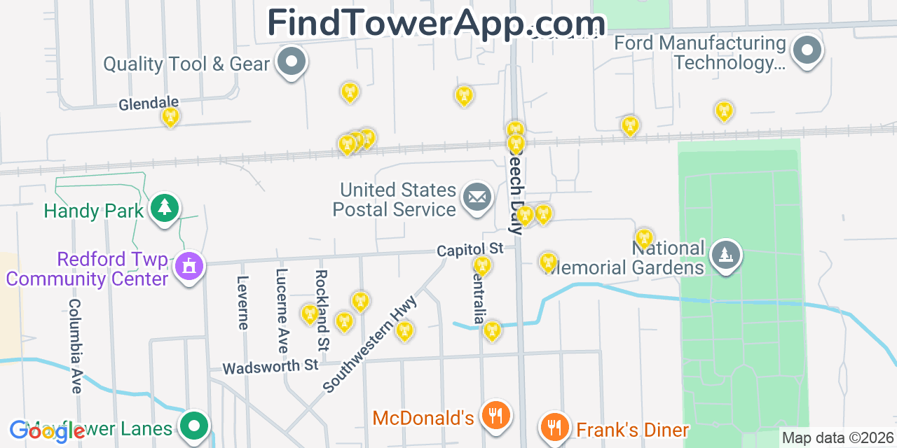 Map showing the 20 primary cell tower locations detected in Redford, Michigan from AT&T, Verizon, and T-Mobile networks