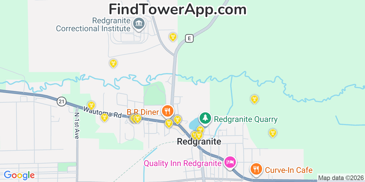 Map showing the 20 primary cell tower locations detected in Redgranite, Wisconsin from AT&T, Verizon, and T-Mobile networks