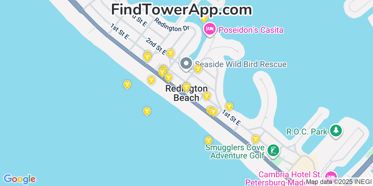 Map showing the 20 primary cell tower locations detected in Redington Beach, Florida from AT&T, Verizon, and T-Mobile networks